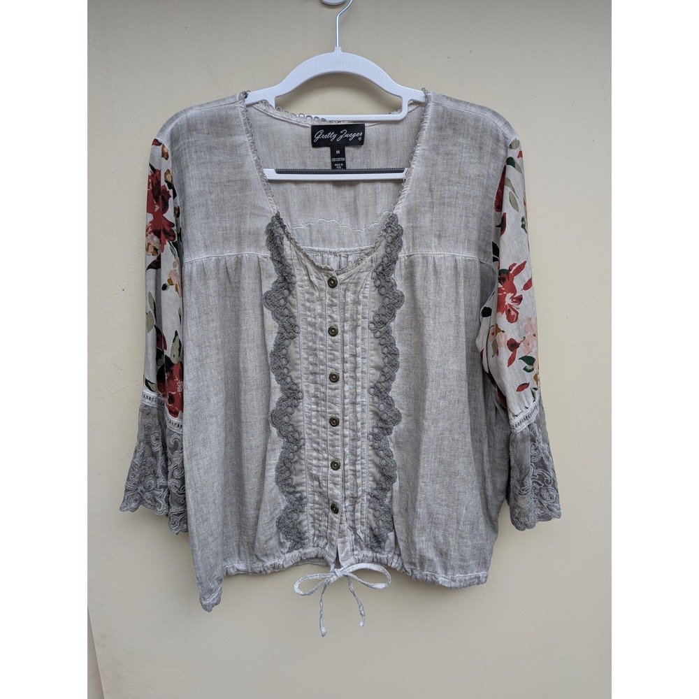 Gretty Zueger 100% Cotton Button‎ Front Boho Blouse Top Gray Medium